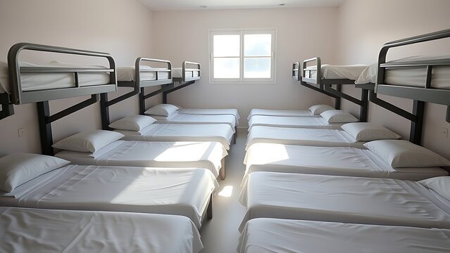 Neatly arranged dormitory beds with white sheets and soft morning light.