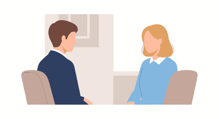 Obraz premium Two people sitting in chairs, having a conversation in an office or therapy setting.