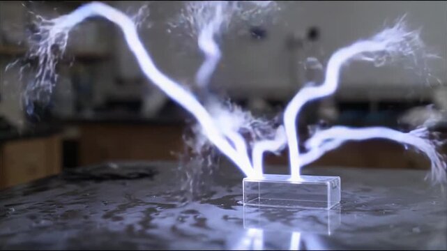 Small transparent block emits glowing blue plasma arcs and sparks across a wet black surface in a lab, high voltage experiment capturing dynamic electric discharge and light reflection