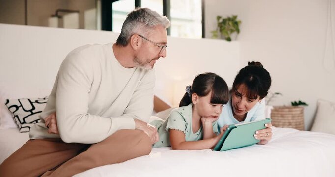 Bedroom, parents and child on tablet for learning, teaching and educational app in home. Father, mother and kid with family support, help and love for reading, ebook and storytelling with scroll