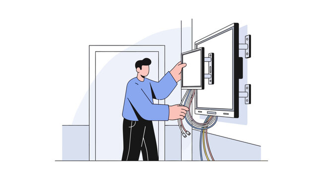 Technician Installing Flat Screen Monitor on Wall, Cable Management