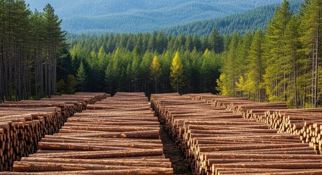 Freshly Harvested Timber Logs Stacked in Parallel Rows Beside a Dense Conifer Forest Landscape