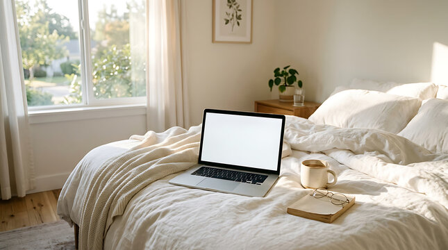 Comfortable home office setup in a sunny bedroom with a laptop, coffee, and book, promoting remote work
