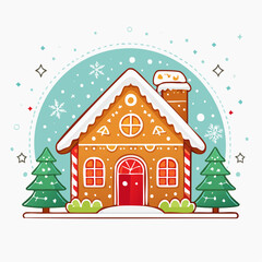 Fototapeta premium Gingerbread House with Christmas Trees and Snowflakes