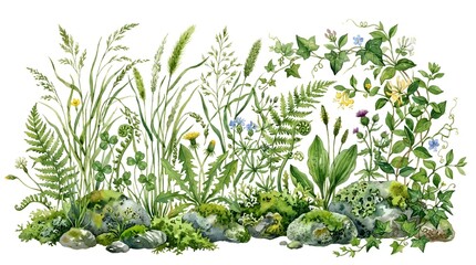 Obraz premium Wild Meadow Flora: Watercolor Illustration of Herbs, Grasses, Ferns, and Mossy Rocks