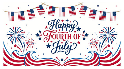 Obraz premium Happy Fourth of July lettering with fireworks and American flags against a festive celebration