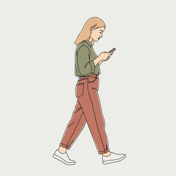 Young Woman Walking and Using Smartphone, Modern Minimalist Line Art Illustration of Girl Texting