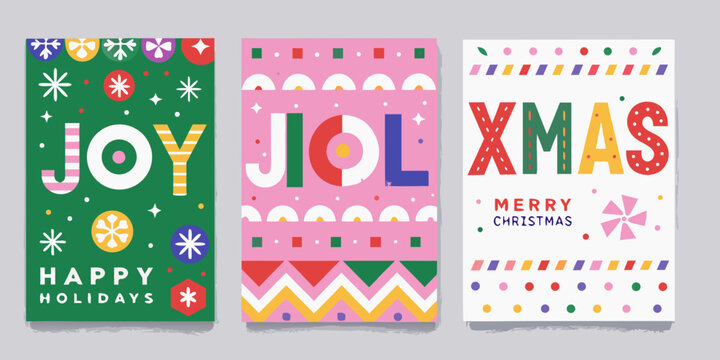 Four colorful christmas holiday greeting cards with festive typography and graphic elements
