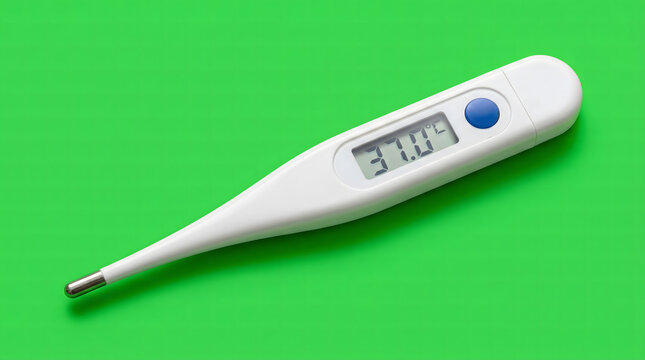 A white digital thermometer displaying a normal body temperature of 37.0 degrees Celsius on a vibrant green background.