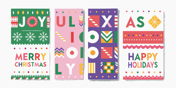 Four colorful christmas holiday greeting cards with festive text and geometric patterns