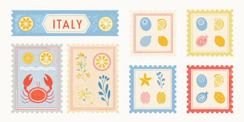 Collection of vintage inspired postage stamps with citrus fruits sea life and floral designs © Ranajit