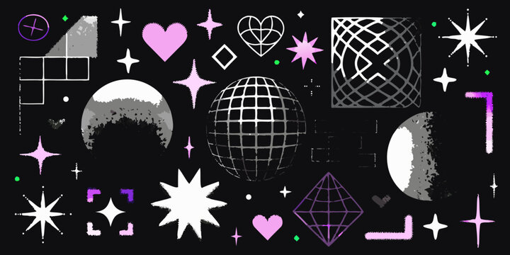 abstract geometric collage with disco ball hearts and starbursts on black background