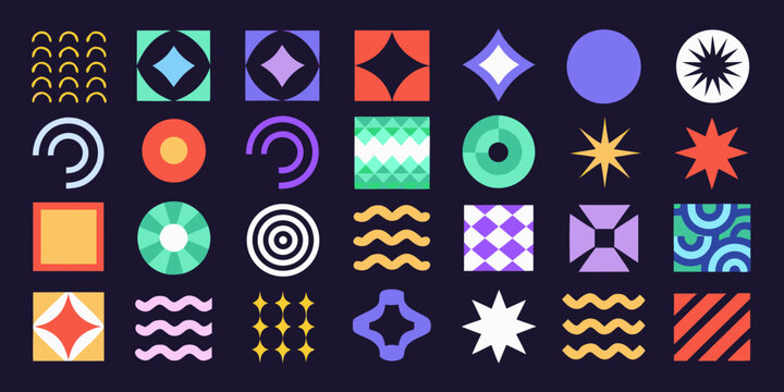 abstract geometric pattern collection with colorful shapes and modern design on dark background