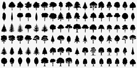 collection of black tree silhouettes on a light gray background various shapes and sizes © Ranajit