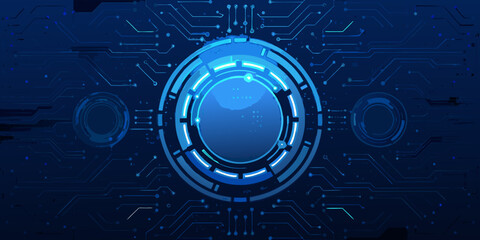 Fototapeta premium glowing blue circular circuit pattern with technology lines and digital network background