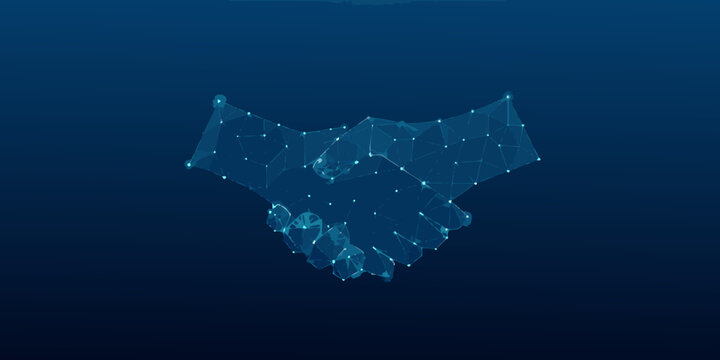 Blue low poly wireframe handshake illustration on a dark gradient background