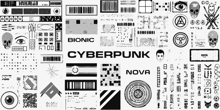 Cyberpunk collage with bionic and nova text eyes skulls and technical elements on white