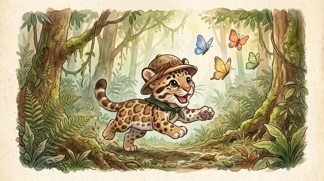 International Clouded Leopard Day Vintage Watercolor Cartoon Cub Explorer in Whimsical Rainforest.