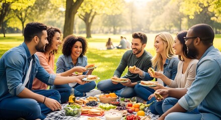 Fototapeta premium Happy multi-ethnic group of young friends enjoying a picnic in a sunny green park, sharing food and laughing together, representing friendship and outdoor leisure.