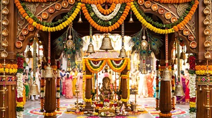 Fototapeta premium Ganesh Festival Celebration: Decorated Altar with Idol and Bells