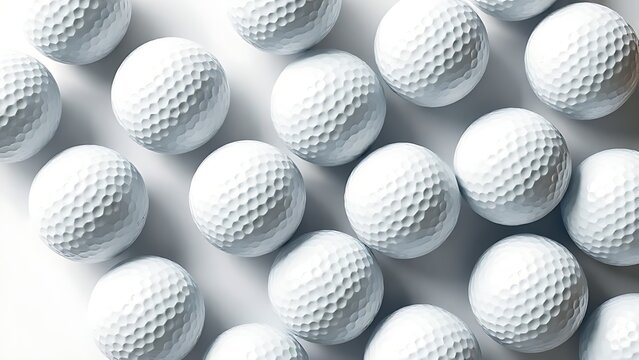 Multiple golf balls arranged in a pattern from above, isolated on a pure white background.