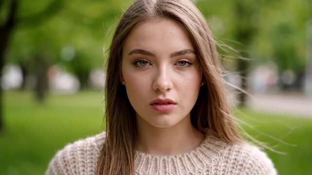 Portrait of a beautiful young woman with long hair looking at the camera in a green summer park, wearing a cozy knitted sweater. Female beauty, natural makeup and healthy lifestyle concept.