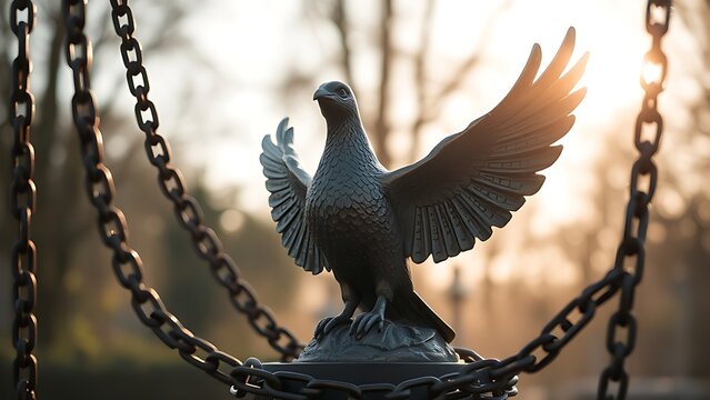 Bronze dove sculpture with broken iron chains in morning sunlight.