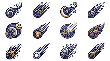 Collection of stylized meteor and comet icons with swirling tails. © Dalbo
