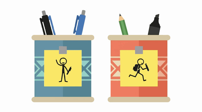 Desk pencil holders with stick figure notes
