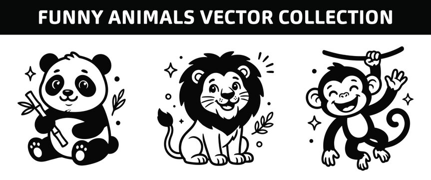 Funny animals vector collection featuring panda lion and monkey illustrations