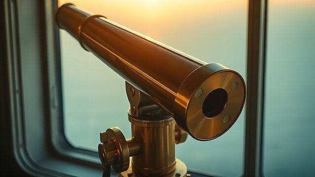 A brass telescope at a watchtower window focused on the horizon.
