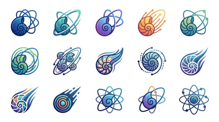 Collection of stylized atom and comet icons. © Dalbo