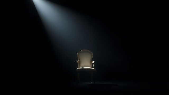 A spotlight beam moving through darkness toward an empty, elegant chair.