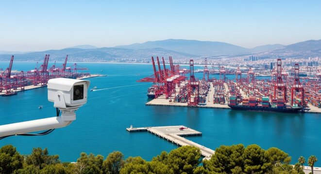Security surveillance camera observes a vast international container port with towering red cranes and busy shipping activity across the blue ocean.