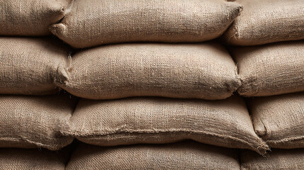 Fototapeta premium Close up view of stacked burlap sacks, a textured background or pattern showcasing natural fibers and rugged storage for various commodities