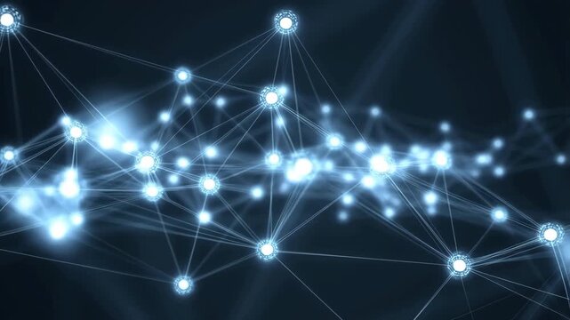 Abstract blue digital plexus network with glowing connected nodes