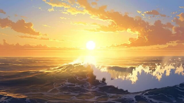 Beautiful sunset over the ocean with golden sunlight and fluffy clouds above it