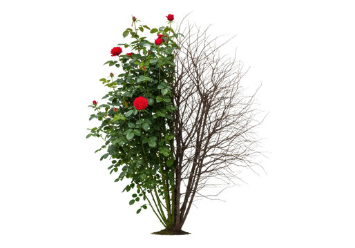 perfectly symmetrical rosebush, half vibrant with red blooms and lush green leaves, half withered and barren dark wood, isolated on a transparent background, duality concept