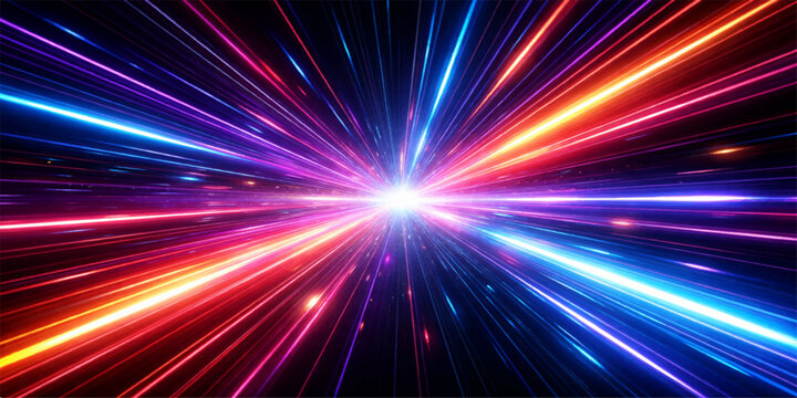 Explosion of vibrant neon light streaks bursting from a central point, creating a dynamic and energetic visual spectacle of abstract technology.