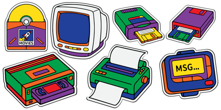 1990s and 2000s nostalgia tech cartoon bold colorful sticker icon set with CRT monitor, VHS player, CD drive, floppy disk, dot matrix printer and pager in pop art style