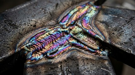 Obraz premium Close up of a colorful, iridescent metal weld seam with metallic texture and abstract patterns