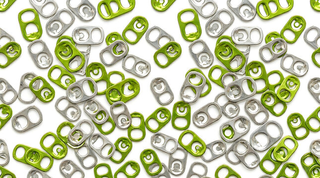 Array of green and silver soda can pull tabs scattered on white, showcasing recycling material and intricate shapes