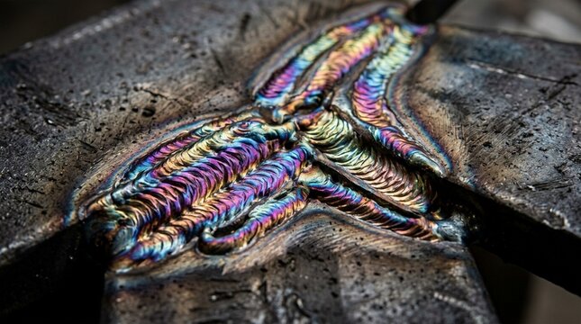 Close up of a colorful, iridescent metal weld seam with metallic texture and abstract patterns