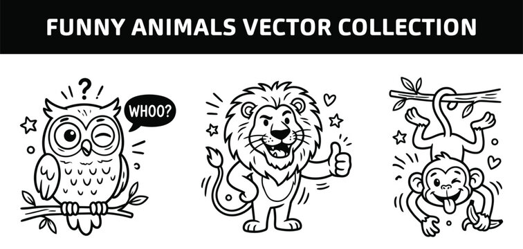 Funny animals vector collection featuring cartoon owl lion and monkey