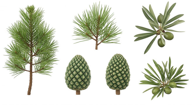 Set of isolated pine tree branches, green needles, textured pine cones, and botanical sprigs with small round fruits on a black background