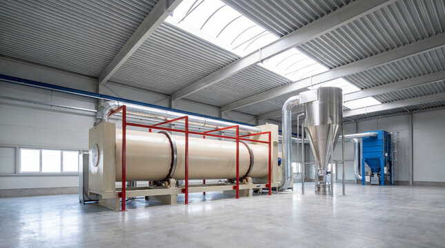 Clean industrial factory interior featuring a large rotary dryer, cyclone separator, and advanced production machinery