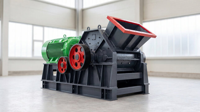Powerful industrial crushing machine with a green motor, ideal for construction, mining, and recycling materials