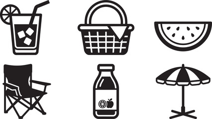 Summer picnic and outdoor recreation black vector icons set. © Joy