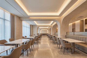 Fototapeta premium Contemporary restaurant and lounge interior with refined seating and warm architectural lighting