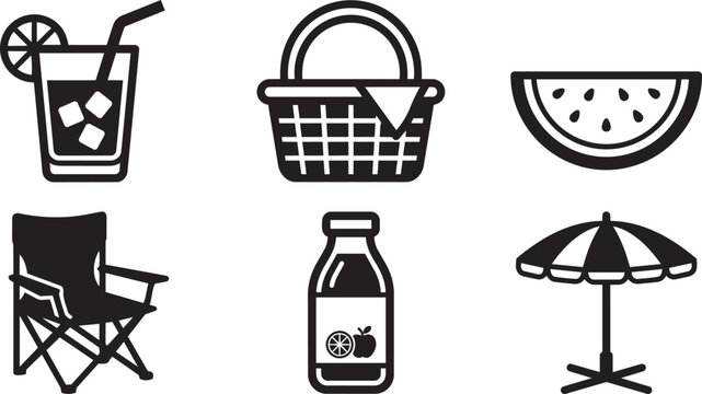 Summer picnic and outdoor recreation black vector icons set.
